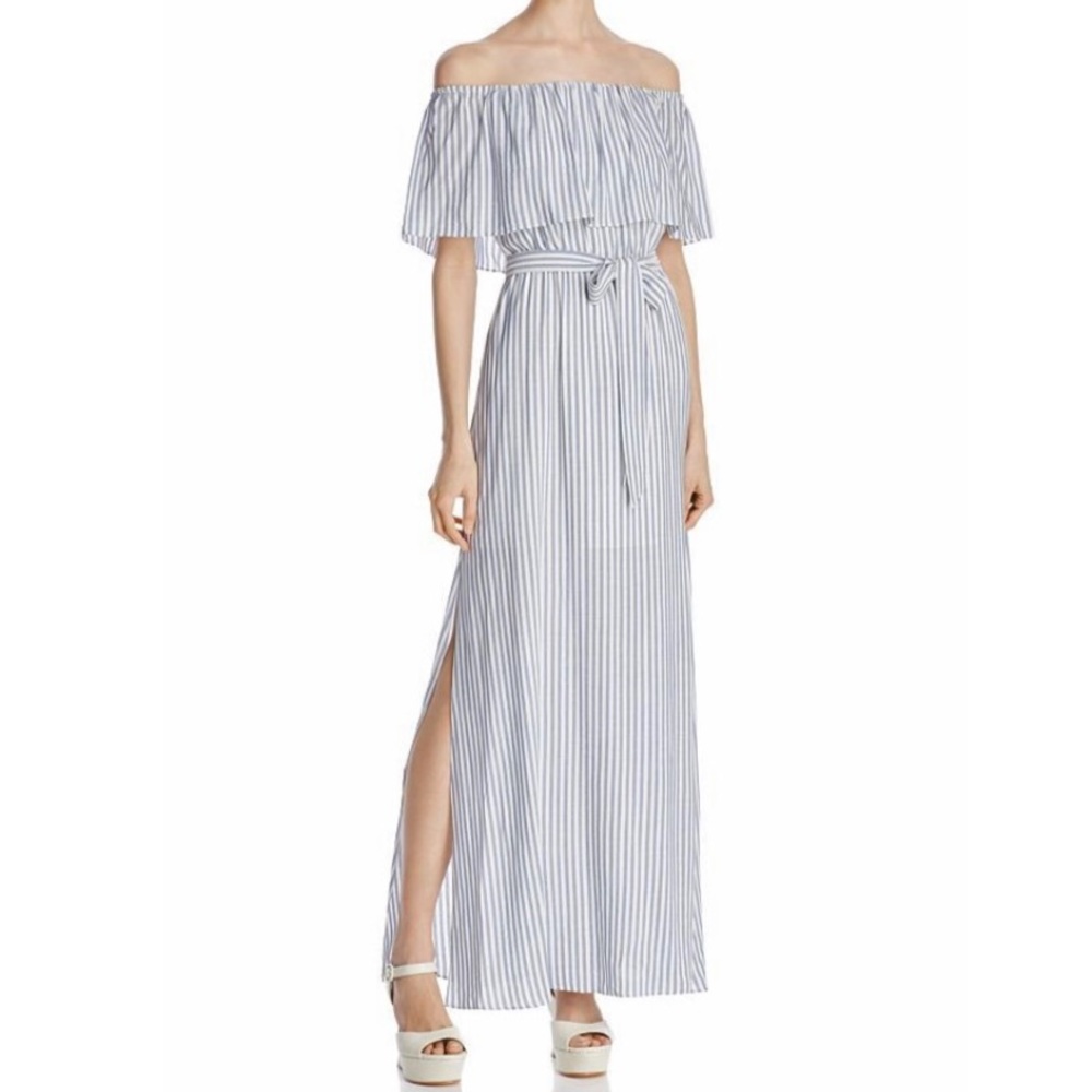 Alice + Olivia Blue and White Striped Off-Shoulder Dress